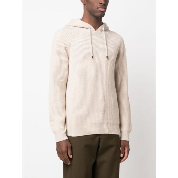 Brunello Cucinelli Ribbed Knitted Drawstring Hoodie Light Beige Mens Size XXXL - Picture 1 of 14